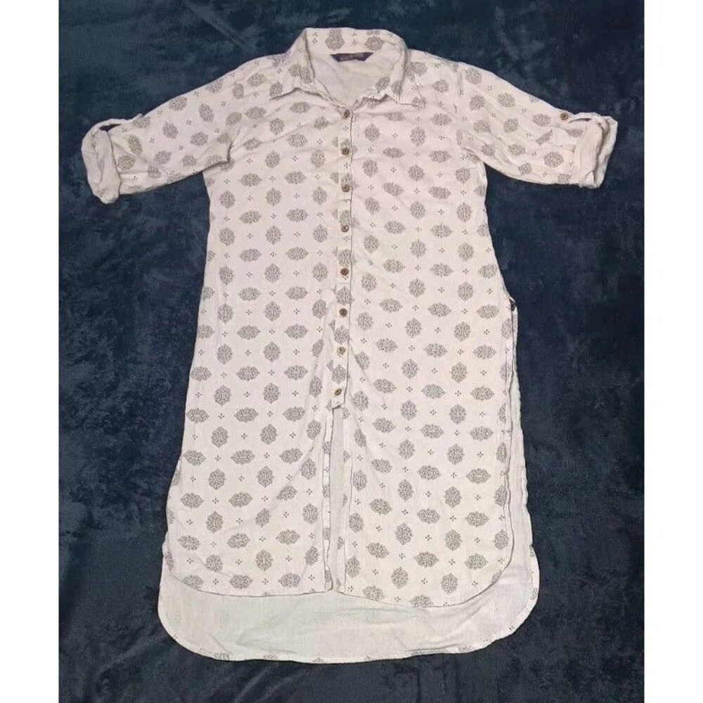 Varanga Kurti Tunic Shirt Dress M Cream Side Slits Geometric Indian Wear Ethnic